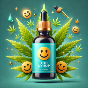 DALL·E 2024-07-17 12.55.37 - A visually engaging image featuring a bottle of THC syrup surrounded by cannabis leaves and smiley faces