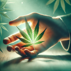 DALL·E 2024-08-20 16.53.20 - A serene image of a hand gently holding a cannabis leaf with a soft glow surrounding it. The background is subtly blurred