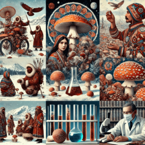 DALL·E 2024-08-21 13.12.48 - A collage featuring cultural depictions of Amanita muscaria
