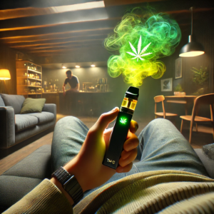 DALL·E 2024-08-22 15.19.24 - A photorealistic image of a person sitting on a couch in a basement