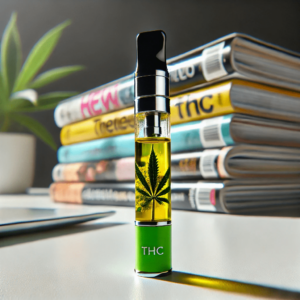DALL·E 2024-08-27 15.00.30 - A close-up image of a THC vape pen with thick oil visible through the cartridge