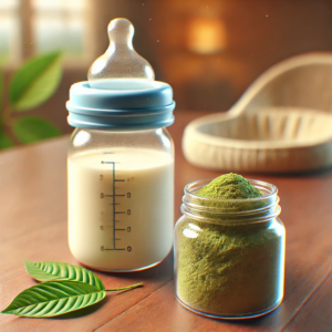 DALL·E 2024-08-29 13.49.13 - A photorealistic image that visually represents the concept of kratom in breastmilk. The scene features a baby bottle filled with milk placed on a tab
