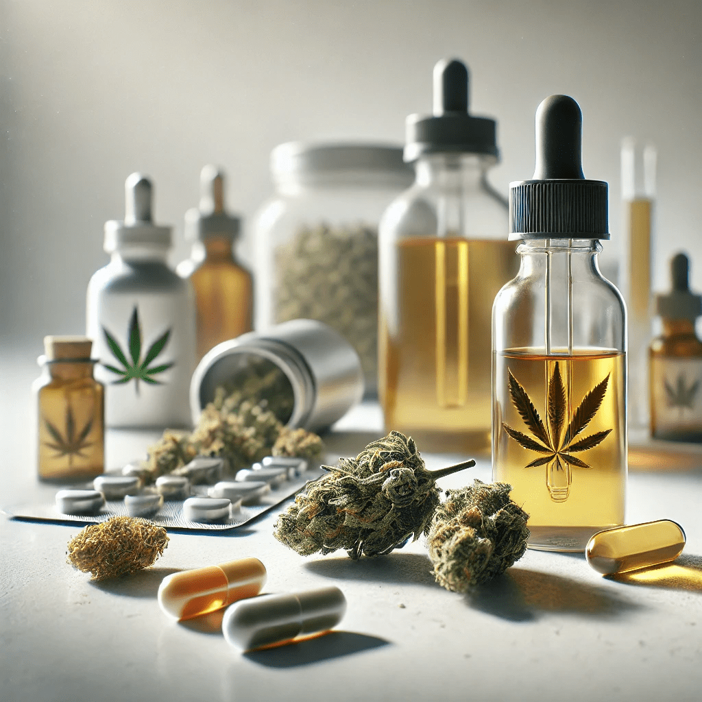 DALL·E 2024-08-29 14.00.15 - A photorealistic image depicting a selection of different cannabis products laid out on a clean
