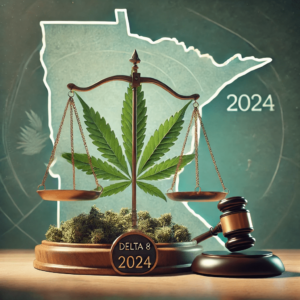 DALL·E 2024-08-29 14.20.40 - A photorealistic image representing the legal status of Delta 8 in Minnesota in 2024. The image features a balance scale symbolizing justice
