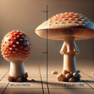 DALL·E 2024-08-29 14.51.18 - A photorealistic image showing a side-by-side comparison of two types of mushrooms_ Muscimol and Psilocybe. The Muscimol mushroom is depicted with its