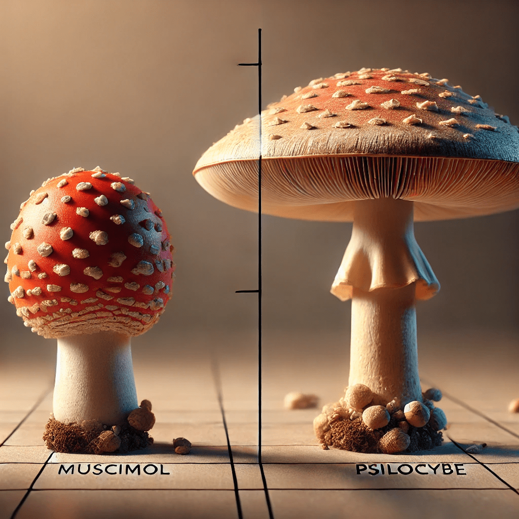 DALL·E 2024-08-29 14.51.18 - A photorealistic image showing a side-by-side comparison of two types of mushrooms_ Muscimol and Psilocybe. The Muscimol mushroom is depicted with its