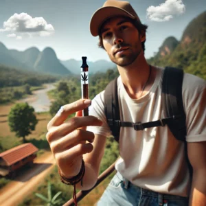 DALL·E 2024-07-02 13.58.25 - A person holding a disposable weed pen while traveling. The background should show a scenic landscape with a mix of natural elements such as mountains