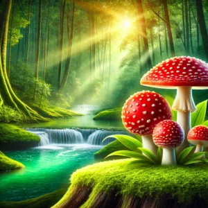 DALL·E 2024-07-02 15.26.09 - A vibrant image of Amanita Muscaria mushrooms with a serene background. The mushrooms are red with white spots