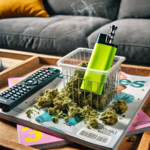 DALL·E 2024-07-05 13.30.12 - A clogged disposable weed cart on a coffee table with magazines and a remote control. The scene is casual and the cart is clearly visible. The color s