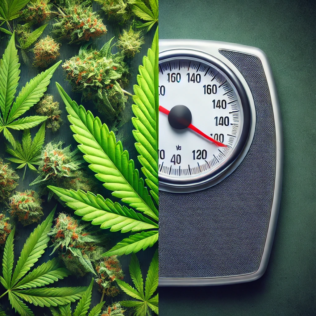 DALL·E 2024-07-05 20.07.59 - A detailed side-by-side comparison image showing cannabis leaves on one side and a weight scale on the other. The cannabis leaves should be lush and g