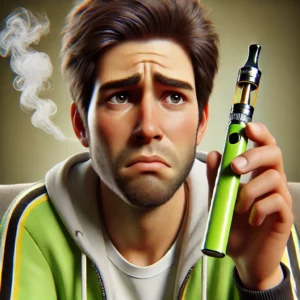DALL·E 2024-07-23 19.53.40 - A photorealistic image of a frustrated person holding a non-hitting disposable vape pen. The person has a distressed expression